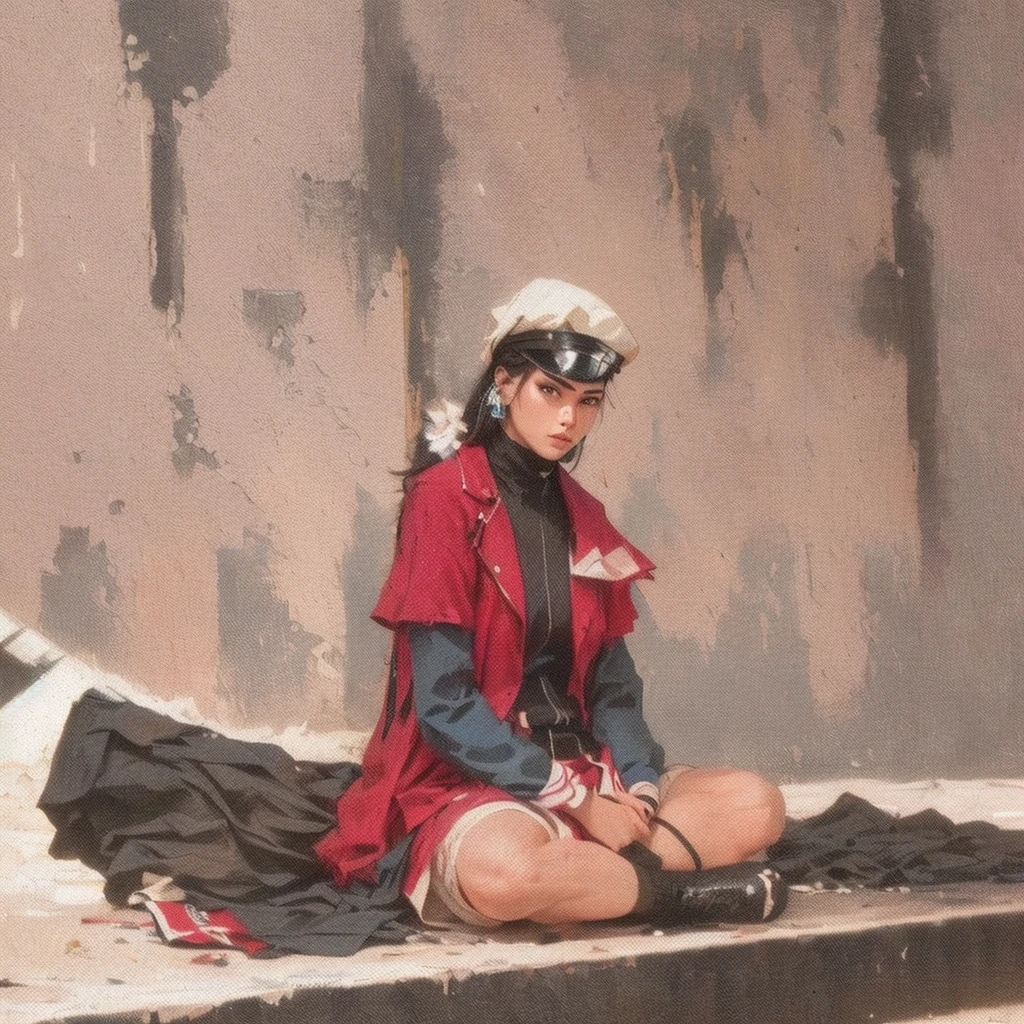 Describe the pose, the character, the clothes and the colors.
