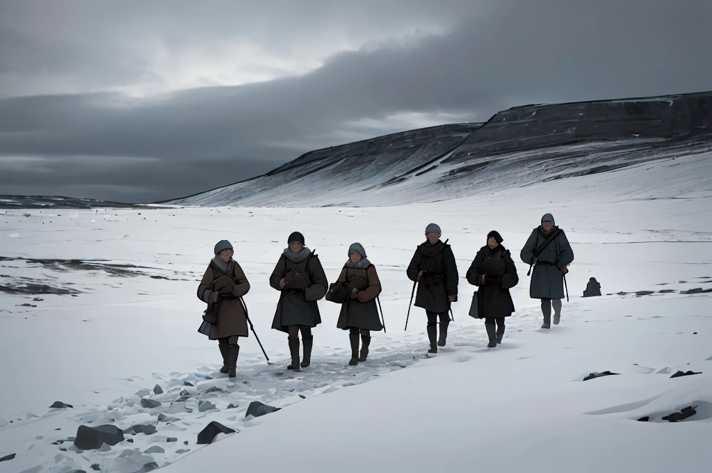 a group of villagers trudging across the desolate arctic tundra, detailed rugged clothing, carrying heavy sacks and bags, extreme winter landscape, bleak and cold, overcast sky, dramatic lighting, cinematic composition, realistic, photorealistic, masterpiece, best quality, 8k, extremely detailed, highly realistic, professional render, vivid colors, dramatic atmosphere, cinematic style