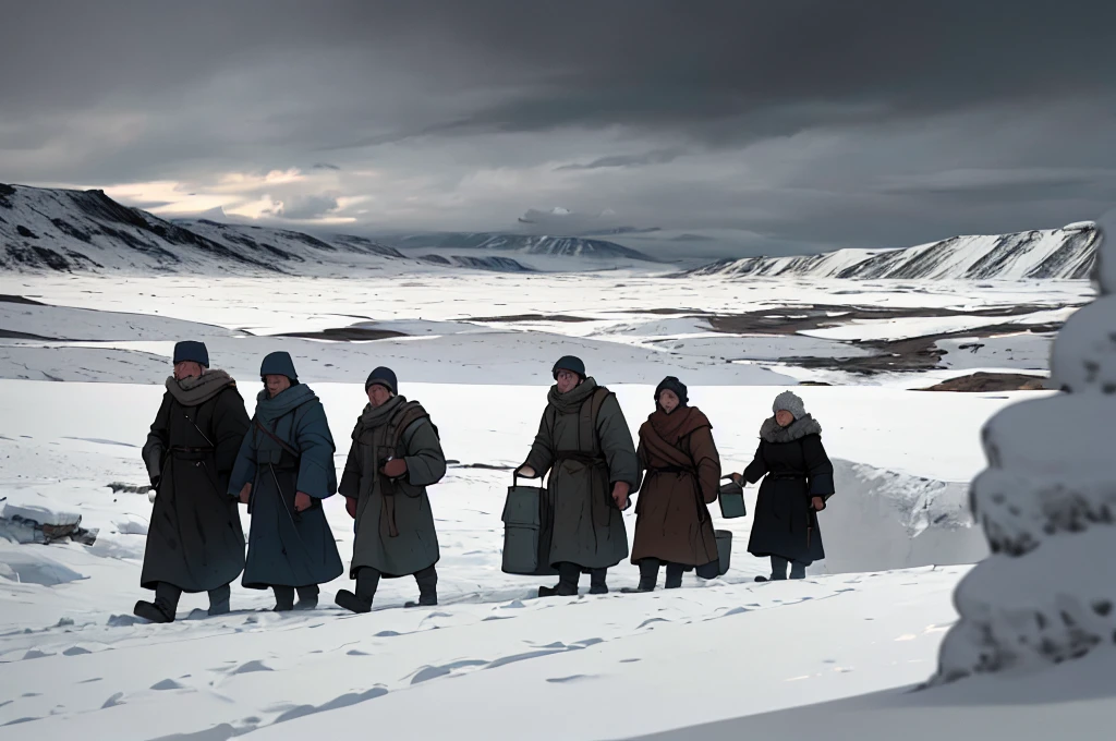 a group of villagers trudging across the desolate arctic tundra, detailed rugged clothing, carrying heavy sacks and bags, extreme winter landscape, bleak and cold, overcast sky, dramatic lighting, cinematic composition, realistic, photorealistic, masterpiece, best quality, 8k, extremely detailed, highly realistic, professional render, vivid colors, dramatic atmosphere, cinematic style
