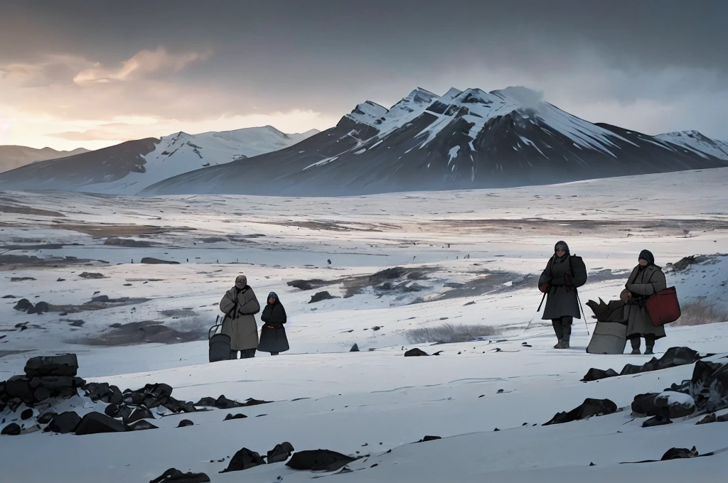 a group of villagers trudging across the desolate arctic tundra, detailed rugged clothing, carrying heavy sacks and bags, extreme winter landscape, bleak and cold, overcast sky, dramatic lighting, cinematic composition, realistic, photorealistic, masterpiece, best quality, 8k, extremely detailed, highly realistic, professional render, vivid colors, dramatic atmosphere, cinematic style
