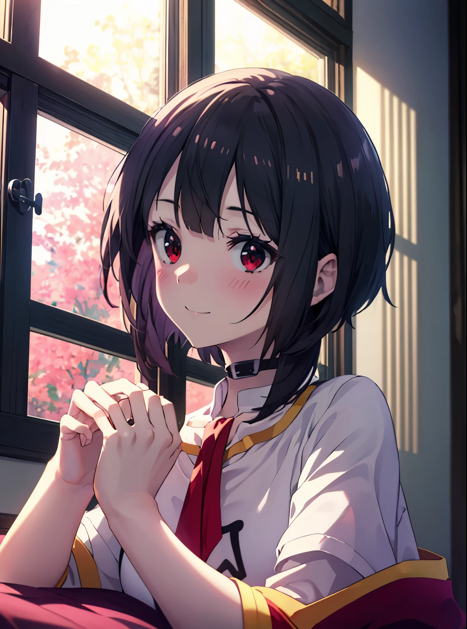 8K,Highest quality,masterpiece,1 Girl, alone, Red eyes, Looking at the audience, heart 1 Girl,T-Shirts,Black string underwear,barefoot, Megumin, Megumin KonoSuba, Black Hair,short hair,Bedroom,smile,blush,The window is sunlight,Covered with a blanket, Windows,Romantic Sunrise,Extreme Light,wake up,(masterpiece:1.2), Highest quality, High resolution, ユニティ 8K 壁紙, (shape:0.8), (Beautiful and detailed:1.6), Highly detailed face, Perfect lighting, Highly detailed CG, (Perfect hands, Perfect Anatomy),