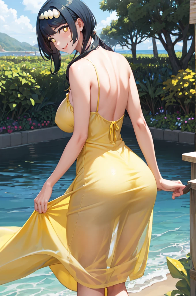 masterpiece, best quality, lanamother, white pupils, long hair, hair ornament, (yellow sundress:1.3), from behind, ocean, garden, huge breasts, mature woman, smile