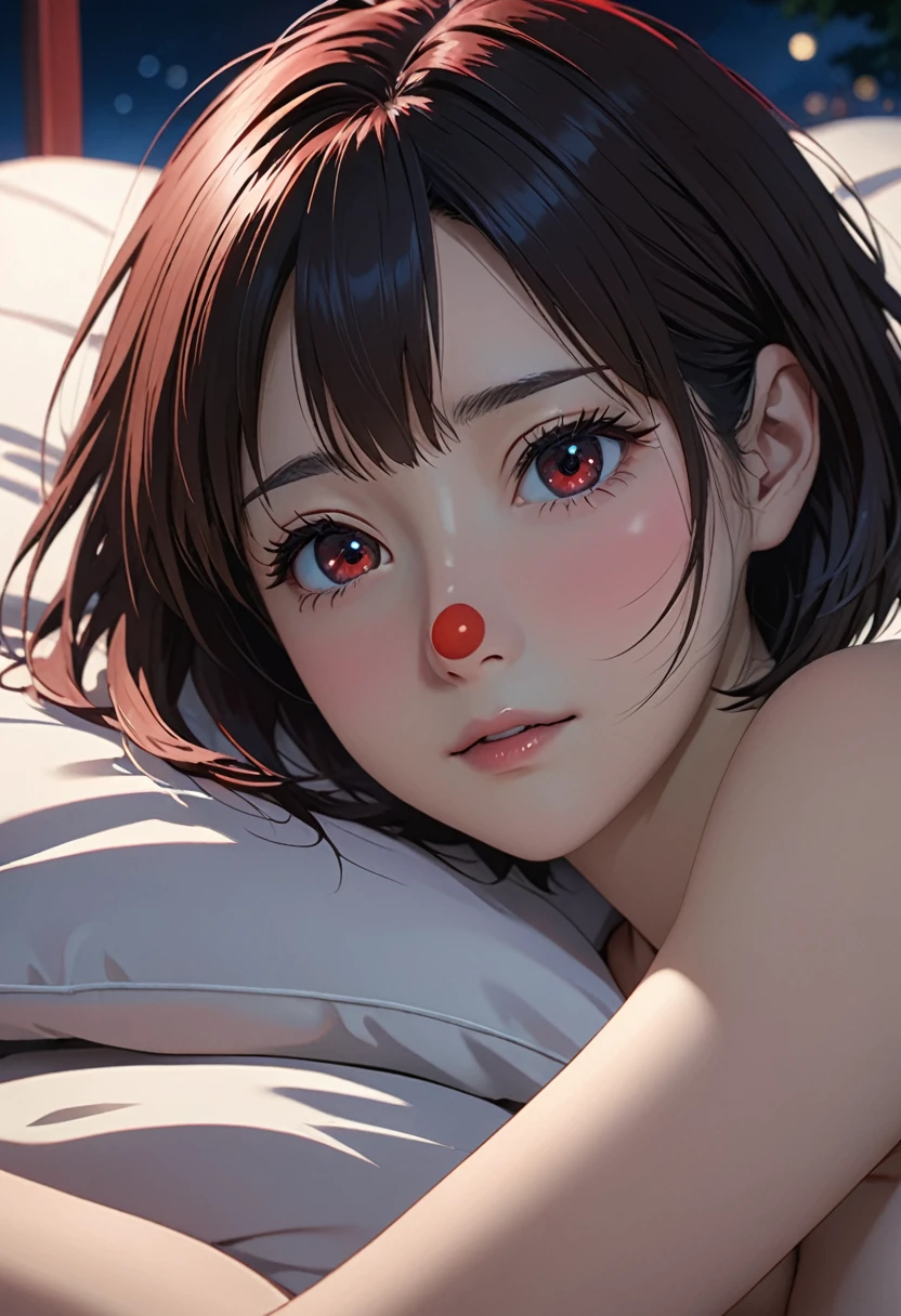 masterpiece, High resolution, figure, Kyoto Animation Style, Your Name Movie Style, night, midnight, Light, (1 female: 1.3), (alone: 1.4), Long eyelashes, Short Bob, Red nose, futon, Lying down, ?????, Face close-up, Hide with hand , Hide with hand,