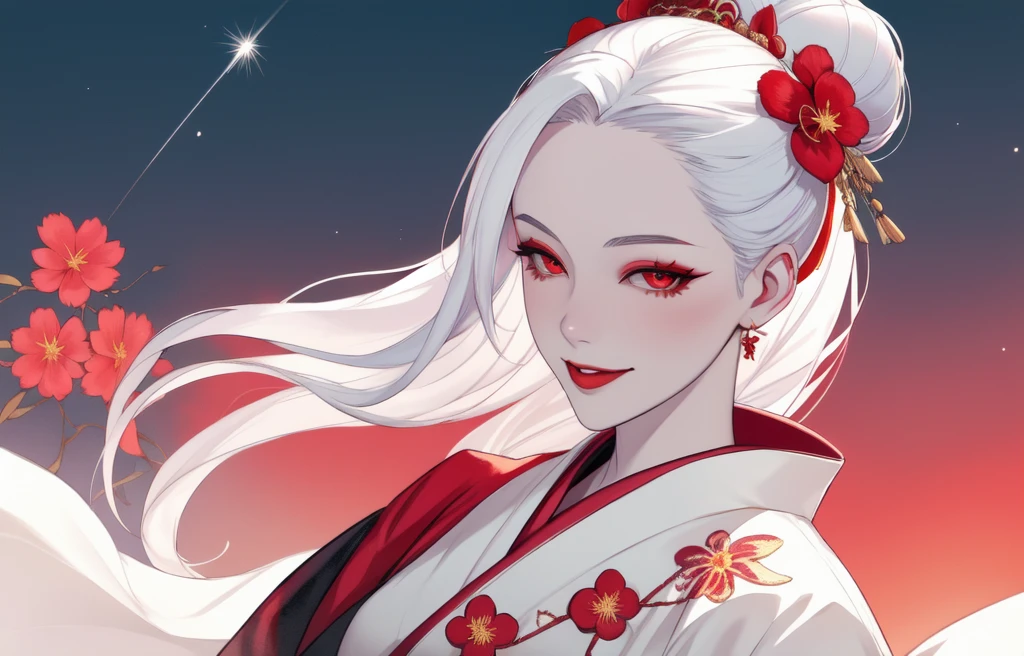 Beauty photo of a gorgeous vampire woman, age 30, pale skin, red eyes, white hair in a bun, elegant makeup, happy grinning, (looking at the viewer), wearing a stylish black and red kimono with gold flower embroidery accents BREAK walking through a serene garden, mountain backdrop, shooting star, upper body focus, vibrant colors, sunny day