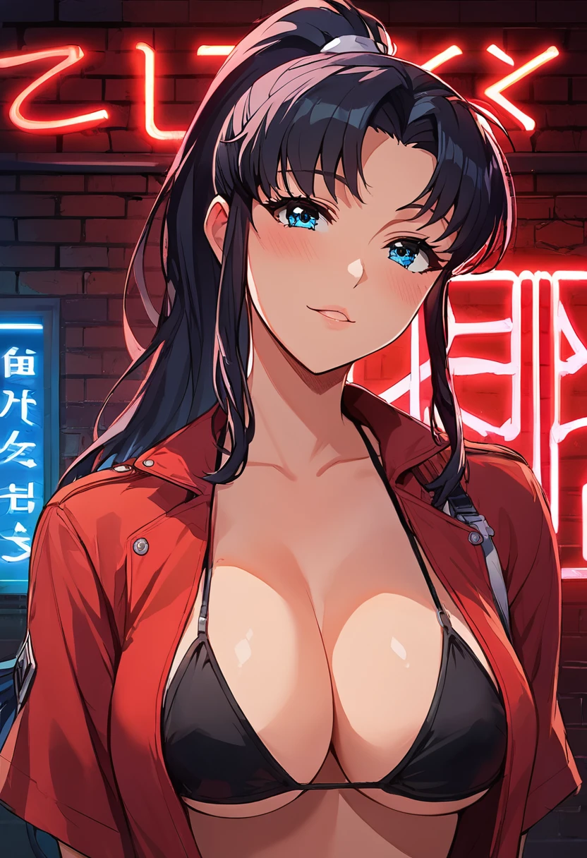 score_9, score_8_up, score_7_up, score_6_up, score_5_up, score_4_up, 1girl, Misato Katsuragi, (close up shot:1.3), view from front, ponytail, (long black hair:1.3), (big bright blue eyes, super detailed eyes), (large breasts), facing viewer, closeup of face, seductive look, cleavage, (wearing black micro bikini), neo tokyo well lit highrise building, filled with neon signs, well lit by red neon lights, translucid, bricks wall, pinup pose, official art, masterpiece, (anime, cel-shaded), source_painted_concept_art, source_anime, BREAK
