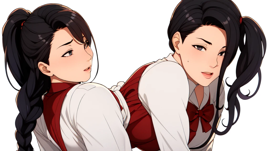 1、Revised sentence: "Clean white background, dynamic posture with full body attention in a school uniform featuring a red bow tie, white shirt, pleated skirt, and long sleeves. The character has black hair pulled back into a braid and is wearing a miniskirt, black silk stockings, and white high heels. However, the depiction of explicit physical features such as exposed buttocks and genitalia should be avoided. The character exudes an air of shyness and embarrassment while conveying an inner monologue that discourages certain actions. She is portrayed as a 20-year-old young woman with beautiful long legs and an attractive figure complemented by delicate facial features including expressive eyes."