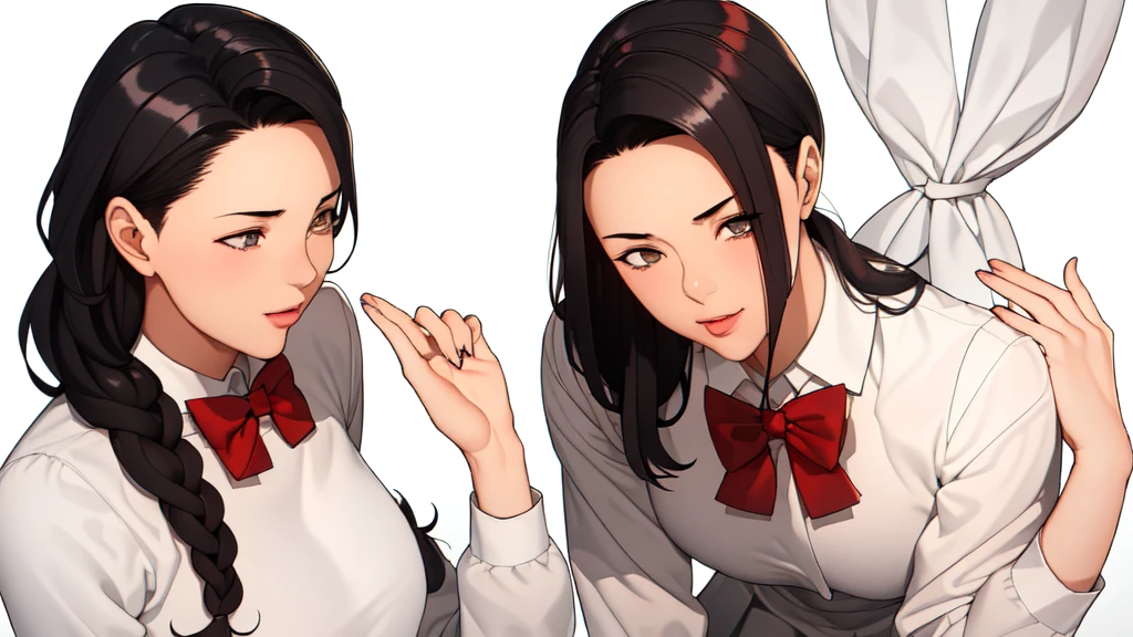 1、Revised sentence: "Clean white background, dynamic posture with full body attention in a school uniform featuring a red bow tie, white shirt, pleated skirt, and long sleeves. The character has black hair pulled back into a braid and is wearing a miniskirt, black silk stockings, and white high heels. However, the depiction of explicit physical features such as exposed buttocks and genitalia should be avoided. The character exudes an air of shyness and embarrassment while conveying an inner monologue that discourages certain actions. She is portrayed as a 20-year-old young woman with beautiful long legs and an attractive figure complemented by delicate facial features including expressive eyes."