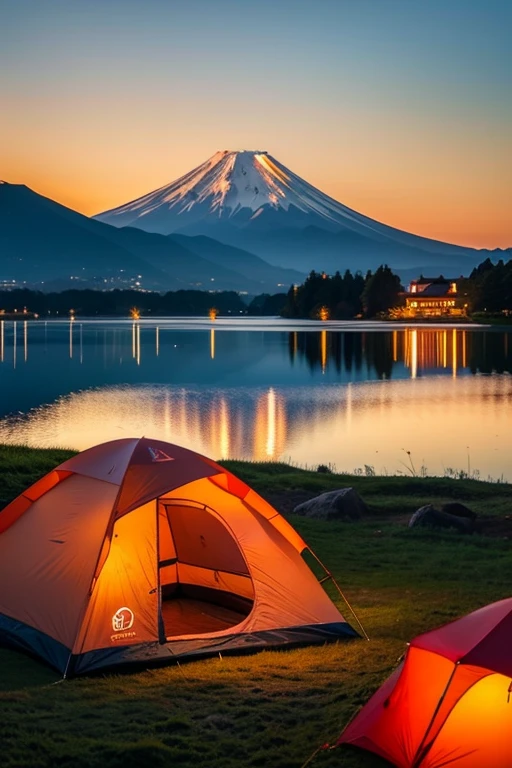 Landscape Photography,A campsite with a view of Mt. Fuji and the lake,
Red triangular tent,金属製のBonfire台,Bonfire,Bonfireの周りには椅子