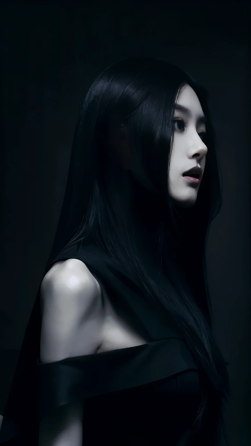 (best quality, highres:1.2), realistic, black dress, black hair, dark theme, black background, dark ninja, intense gaze, elegant posture, flowing dress, detailed facial features, long eyelashes, contrast, fine details, dramatic atmosphere, gothic style, intense emotions, monochrome color palette, captivating setting, haunting beauty, artistic photography, everything is black