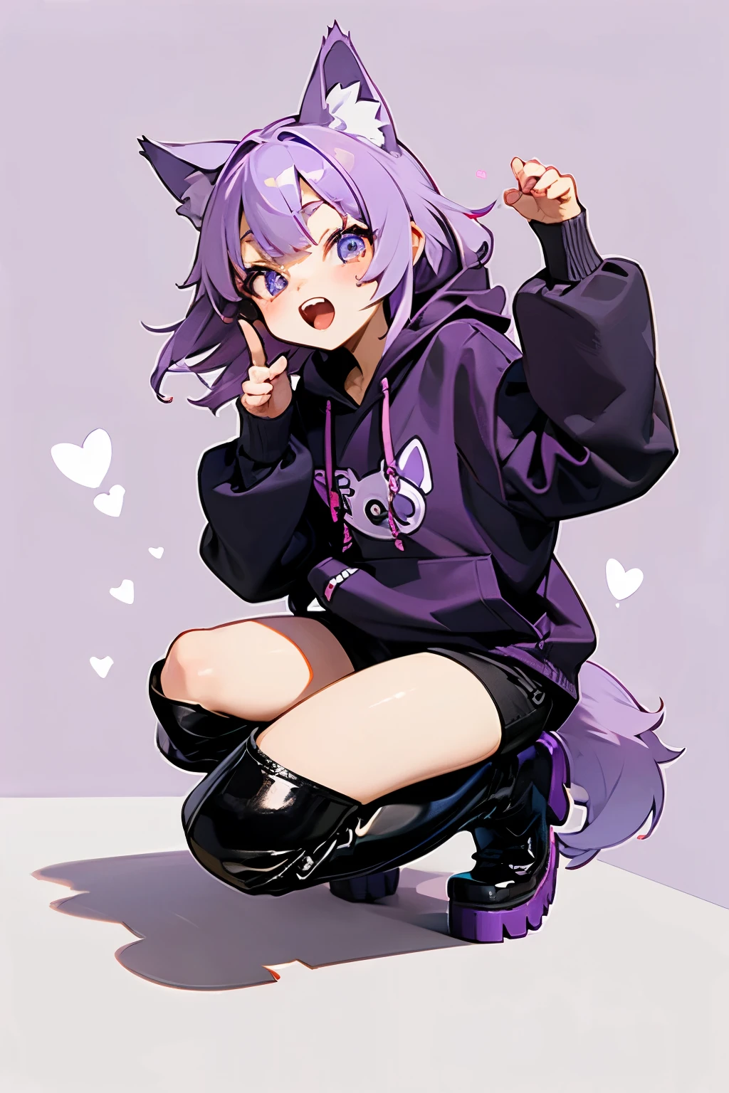 Illustration style cuteness,shota,Wolf,Eyes are hearts,purple,Cute face,Open your mouth,Cat Pose,Double teeth,hoodie, knee high socks,boots,Platform heels