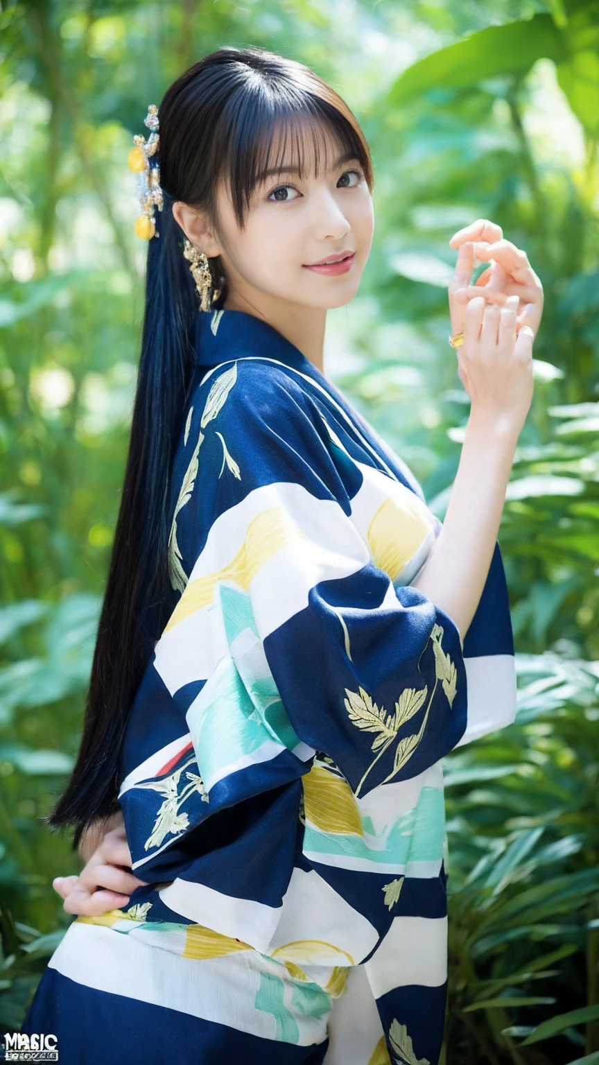 (masterpiece, Highest quality, High resolution:1.4), wallpaper, whole body, One girl, Long Hair, (Blue Hair:1.0), (Black Hair:1.0), Green Eyes, Multicolored Hair, Gradient Hair, Large Breasts, Turn to the side, yukata , Have a popper, night, Hair Clip, bangs,background:七夕のnightの風景:The bamboo leaves are decorated with strips of paper.、星空が広がるnight空が見える。