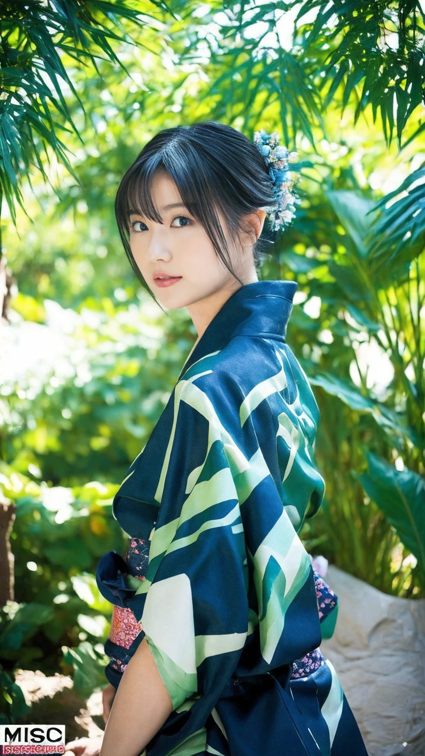 (masterpiece, Highest quality, High resolution:1.4), wallpaper, whole body, One girl, Long Hair, (Blue Hair:1.0), (Black Hair:1.0), Green Eyes, Multicolored Hair, Gradient Hair, Large Breasts, Turn to the side, yukata , Have a popper, night, Hair Clip, bangs,background:七夕のnightの風景:The bamboo leaves are decorated with strips of paper.、星空が広がるnight空が見える。