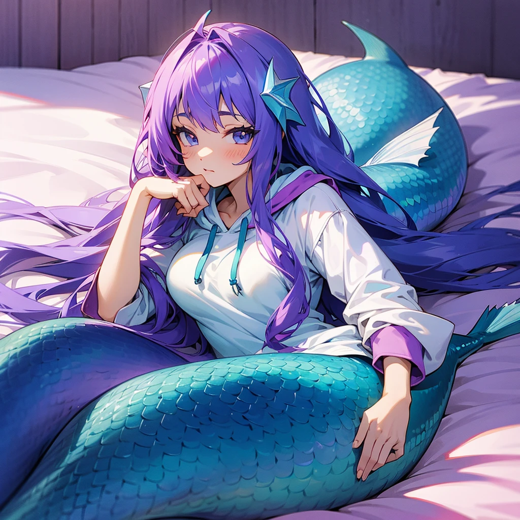anime Mermaid Girl hoodie Lying down with purple hair Blue Tail