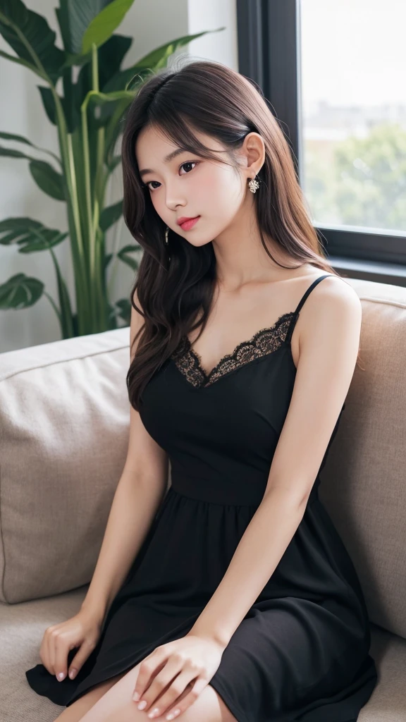 masterpiece, best quality, high quality, a girl, japanese idol, 20-year-old, small round face, baby face, natural makeup, light blush, subtle pink lipstick, black semi-long straight hair, soft waves, tiny build, fair skin, huge breasts, wearing a slightly revealing black dress, lace details, soft and alluring expression, sitting on a couch, inside a softly lit living room, warm evening light, camera angle from a slight side view, elegant, stylish