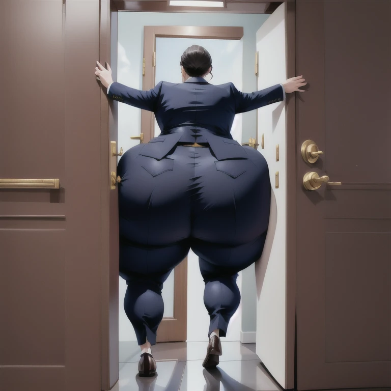 masterpiece, 1girl behind a doorway, from front, (doorstuck, stuckfront:1.3), huge hips, round belly, thick thighs, colorful clothing, wearing suit and tie and formal pants, upset, desperately trying to wiggle through, she kicks her legs franticly, she is stuck tight view from behind