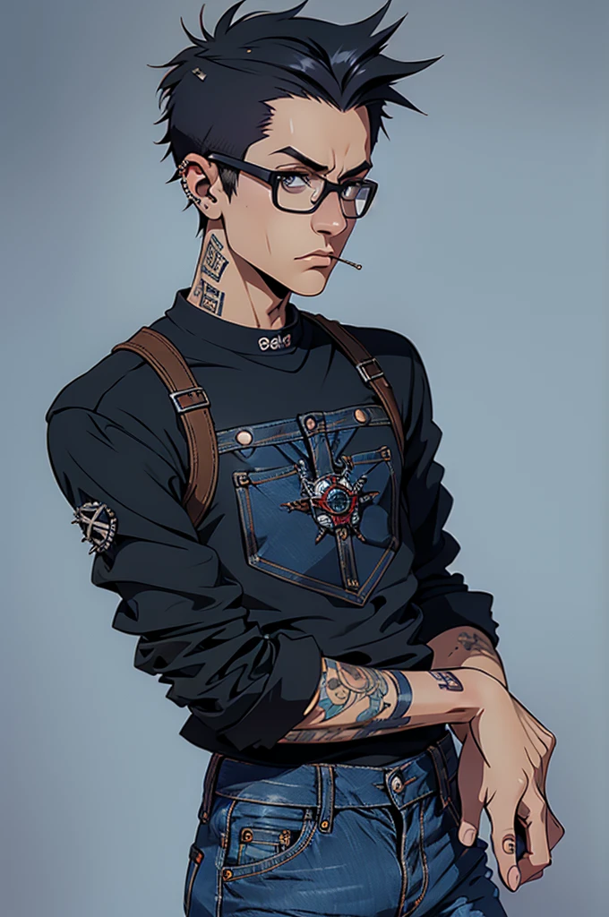 (best quality) (detail), 1 guy, thin, punk, punk outfit, glasses, jeans, short hair, photography, dark, piercing