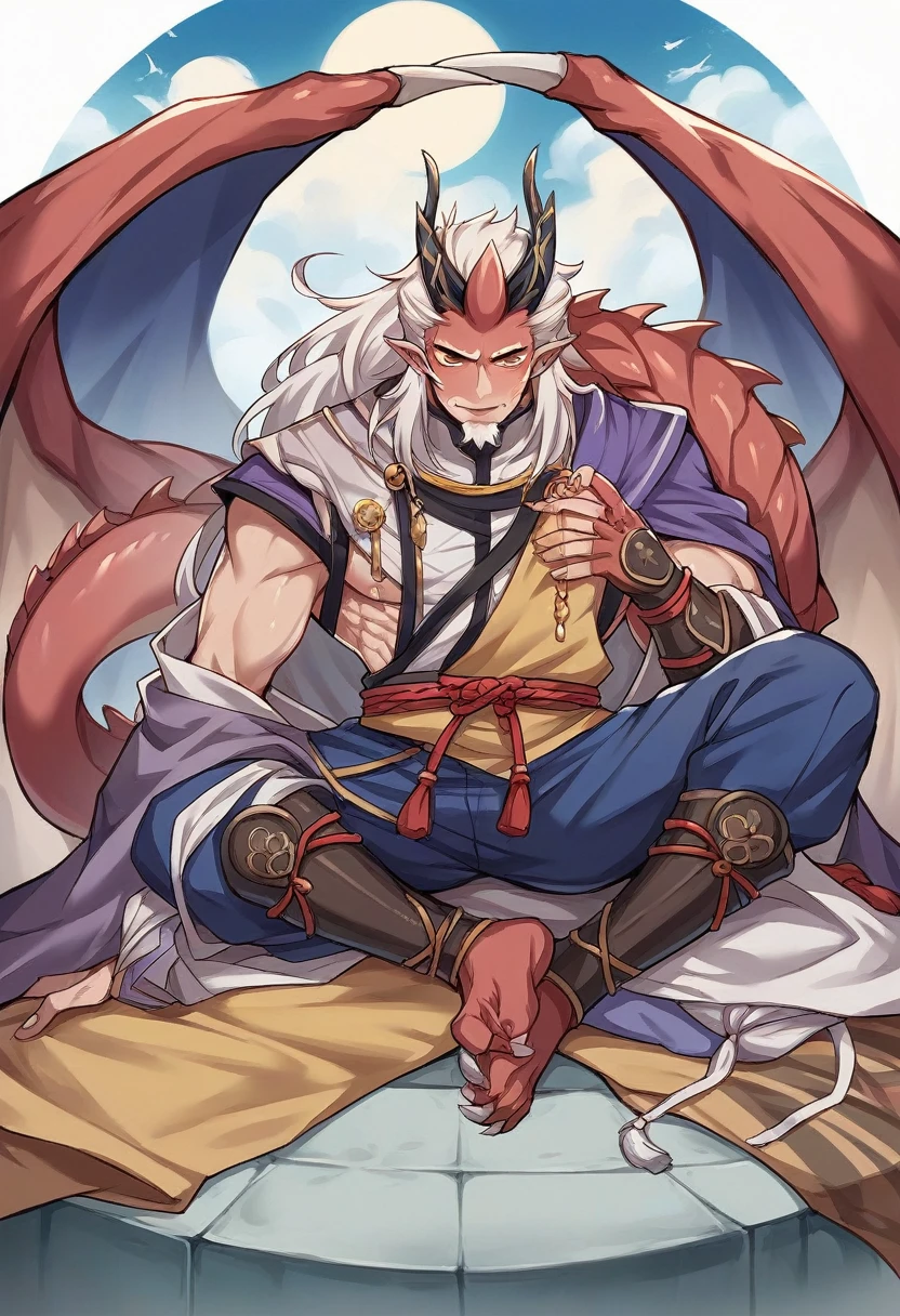 Picture of a man sitting on the floor,chained to the wall,zhongli from genshin inpact.he has dragon tail and dragon claws instead of his hand,he looks feral and out of control*