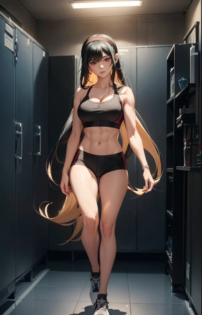 ((1girl, solo)), beautiful body, (perfect anatomy, perfect body, perfect hands, perfect legs), natural proportions, sexy body, large breasts, ((abs)), ((muscular female)), ((full body, full body front)) BREAK

((extremely detailed face)), (beautiful detailed eyes:1.6), (realistic pupils, realistic iris:1), expressive eyes, looking at viewer, (clear eyes:1.3), (hyperrealistic:1.2), (detailed skin texture:1.2), smooth skin, yor briar, ((black hair:1.5), (red eyes:1.3), long hair, hairband, (white hairband:1.3), sidelocks, bangs, ((mature female)), ((little smile)), (detailed lips:1.2), (attractive lips:1.1), (glossy lips:1.1), (parted lips), perfect face, perfect eyes BREAK

((sports bra)), buruma, ass visible through thighs, shoes, (black sportswear), black shorts, midriff BREAK

(masterpiece:1.5), anime-style, top quality, best quality, (beautiful and aesthetic:1.2), (ultra detail:1.5), Ultra-detailed depiction, Ultra-precise depiction, extremely detailed 8k illustration, high resolution, (highly detailed shading:1.2), (realistic lighting:1.4), perfect lighting, vibrant colors, dynamic tones, striking hues, 8k, absurd resolution, perfect shadows, hdr, UHD, ambient lighting, realistic, ultra-realistic, photo realistic, highly detailed, rich detail, luminous colors, fine texture, intricate design, professional illustration, (soft light:1.2), (illustration:0.7)
