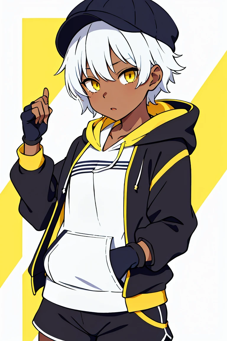 tsunako, 1girl, tomboy, hat, pixie cut, dark skin female, flat chest, shirt, open hoodie, shorts, fingerless gloves, white hair, yellow eyes