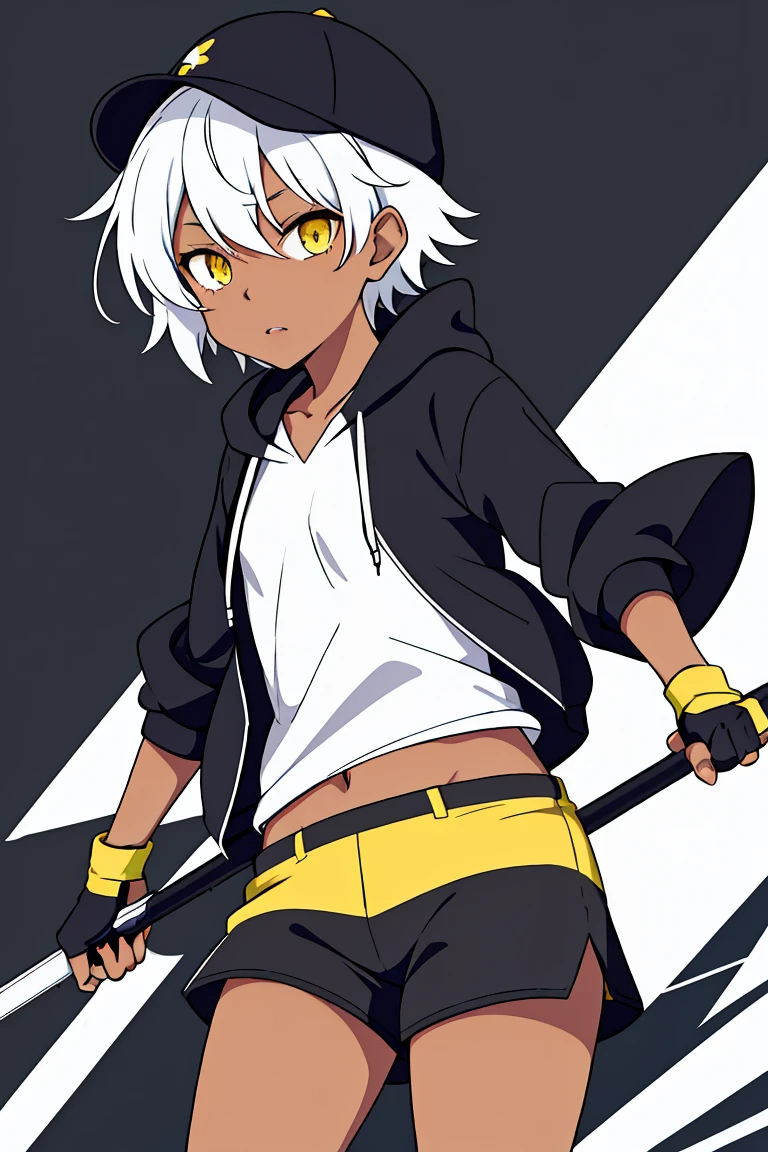 tsunako, 1girl, tomboy, hat, pixie cut, dark skin female, flat chest, shirt, open hoodie, shorts, fingerless gloves, white hair, yellow eyes