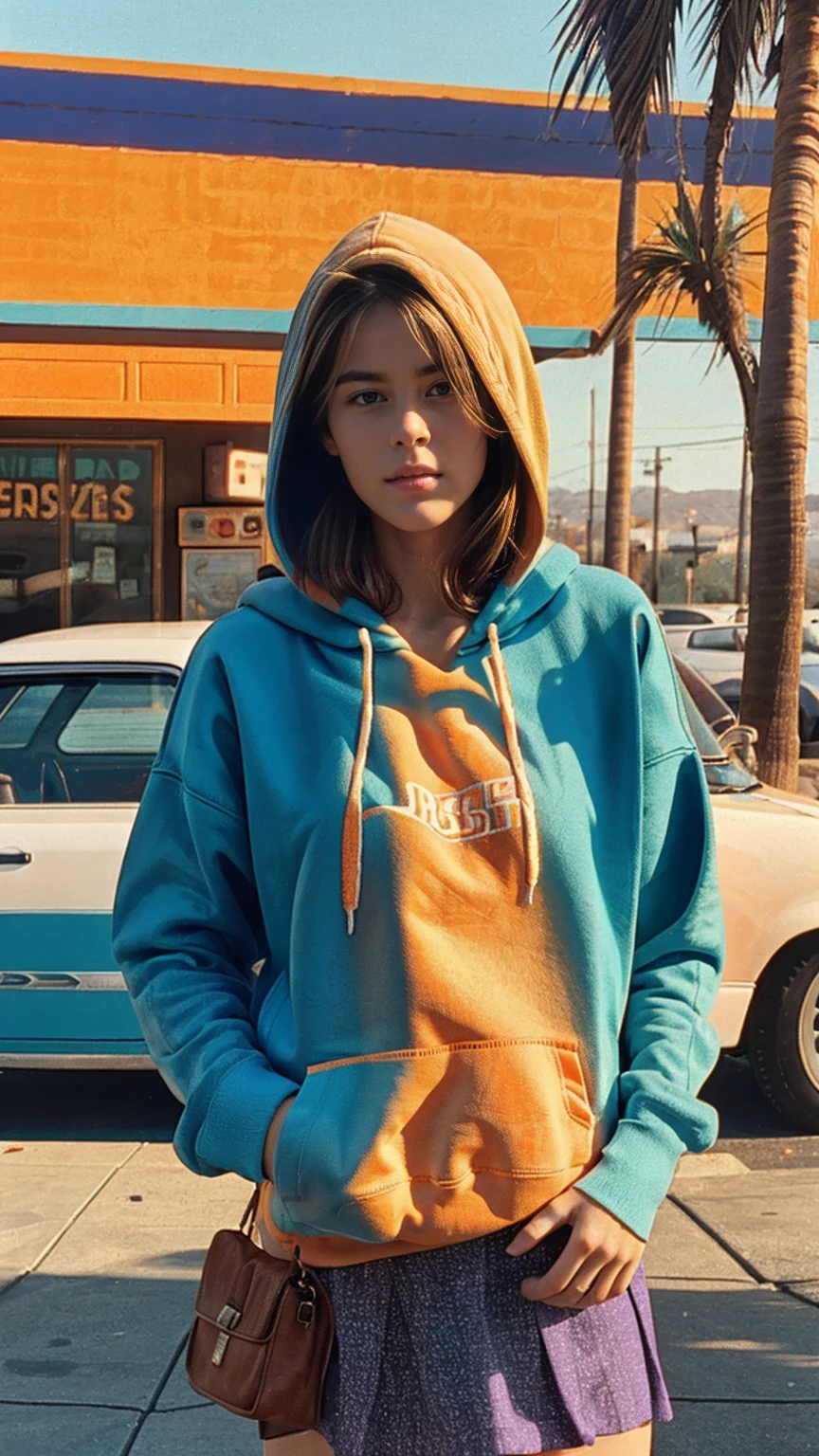 ultra detail, 8k portrait ((long shot full body photography)) ((best quality)), ((masterpiece)), (detailed), perfect beautiful face ,25 yo beautiful women ((orange color oversized_hoodie_e)) ((hoodie:1.5)), wear ((purple tennis skirt)), ((perfect natural breast)) perfect face, perfectly eyes, perfect lips, black bob hairstyles ,found footage, retro, 90's, old photo, photo noise, masterpiece, raw photo, film photo, in front of the camera, casual photo, grain photo, in front of the camera, VHS footage, VHS look, chromatic aberration, film footage, grainy photo, dirty photo, posing, light leak,dark intens shadow, old, 90's, ((background at old 80's gas station California)),(palm trees), blue sky, summer, los angles vibes, film by ((Wes Anderson style effect color)), 800mm lens,style of Philip Lorca diCorcia
