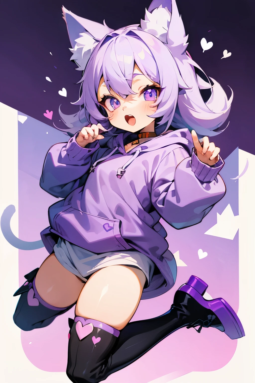 Illustration style cuteness,shota,Wolf,Eyes are hearts,purple,Cute face,Open your mouth,Cat Pose,Double teeth,hoodie, knee high socks,boots,Platform heels