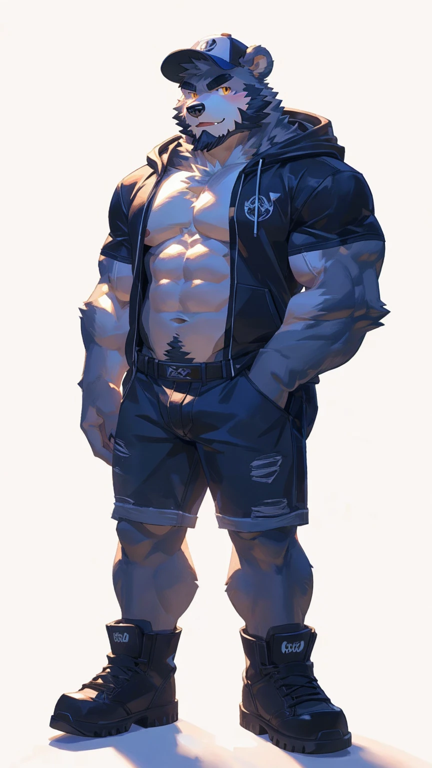 (masterpiece:1.2), best quality,pixiv,official art,perfect anatomy, (Ray tracing, light),solo, (1_male:1.3) , (muscle), (grey fur:1.4), (muscle bear), (beard:1.2), (gleaming golden eyes), bear tail, full body, Thick black eyebrows, baseball cap, (open short hoodie), (naked inside),Ripped short jeans, black short boots, (pure white background: 1.3), front view