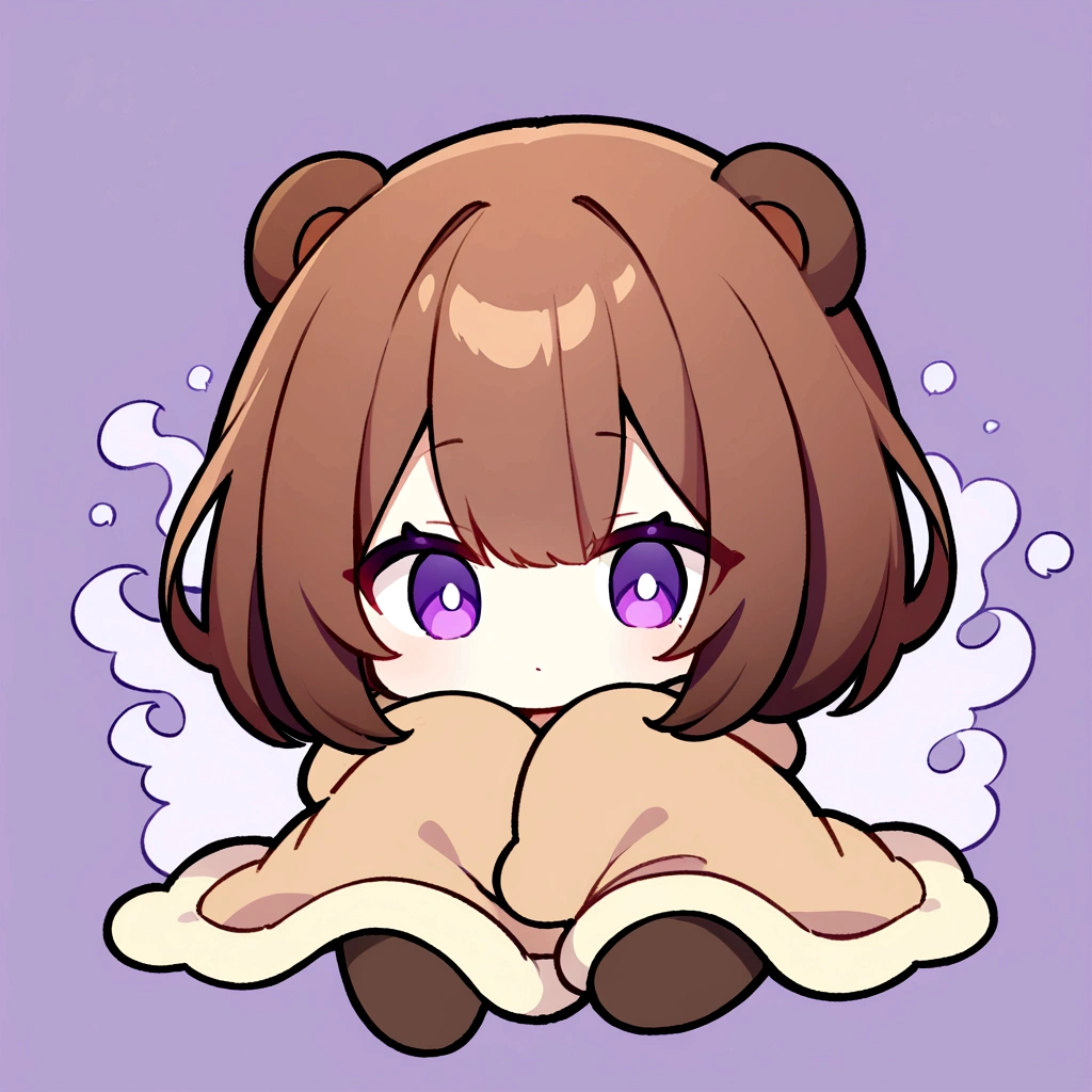 masterpiece, (Highest quality), ((Most detailed)), Brown Hair、Wearing a bear hood、whole body、Chibi Character、２Head to Body、Wearing a brown bear hoodie、Bear Ears、Purple Eyes、Purple solid background、Illustration icon、Brown long hair、Fluffy hoodie、Wave、Bear hooded blanket、whole bodyモコモコの服