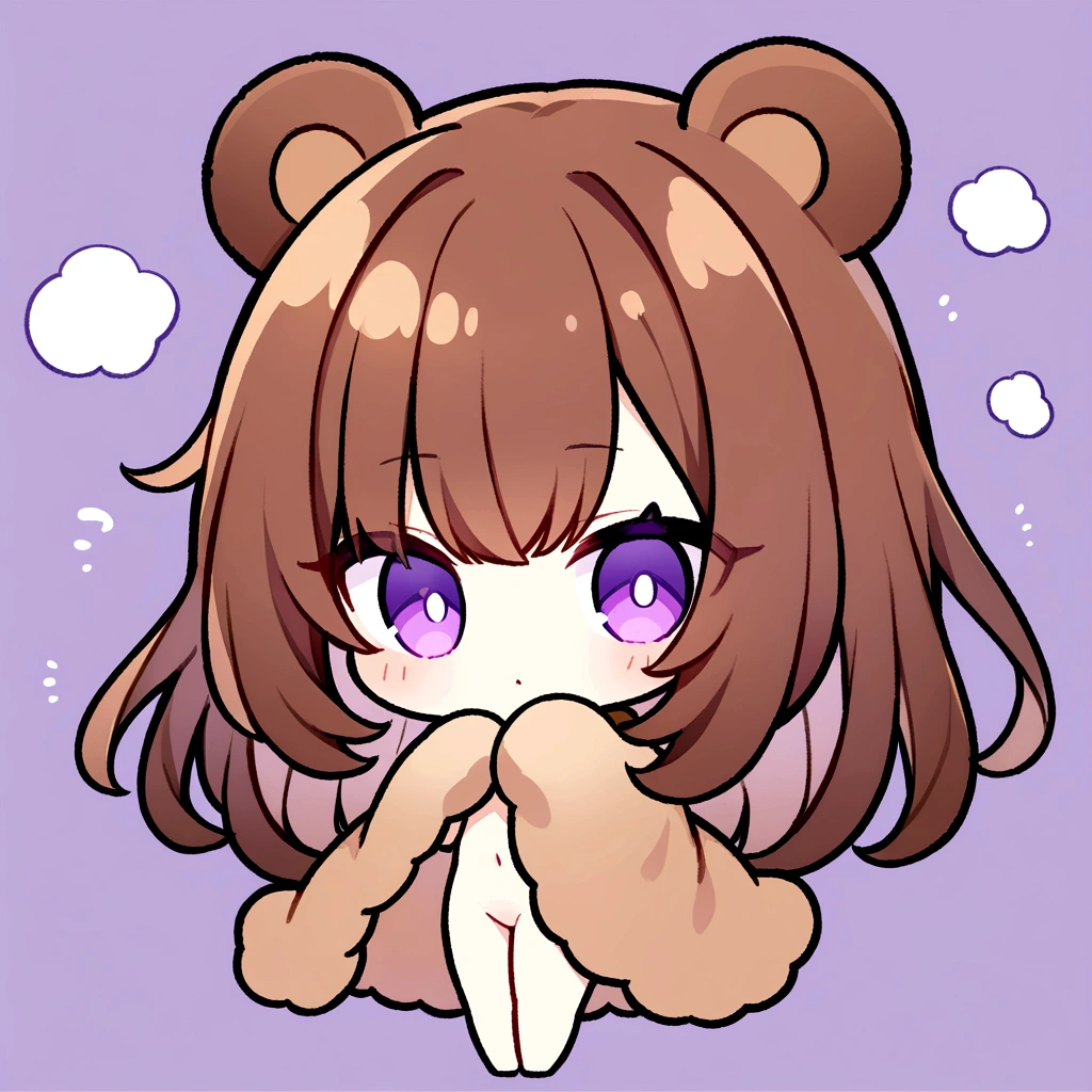 masterpiece, (Highest quality), ((Most detailed)), Brown Hair、Wearing a bear hood、whole body、Chibi Character、２Head to Body、Wearing a brown bear hoodie、Bear Ears、Purple Eyes、Purple solid background、Illustration icon、Brown long hair、Fluffy hoodie、Wave、Bear hooded blanket、whole bodyモコモコの服