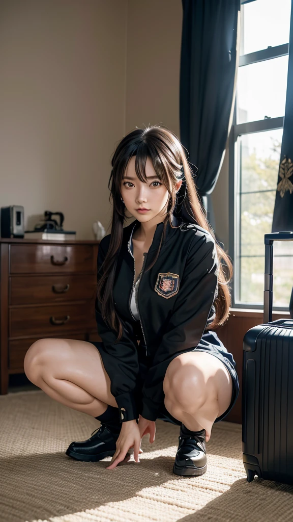anime girl sitting on a bed with a suitcase in the background, the anime girl is crouching, female protagonist 👀 :8, beautiful anime girl squatting, from girls frontline, seductive anime girl, female anime character, anime. soft lighting, 4k anime wallpaper, guweiz on pixiv artstation, badass anime 8 k, rin