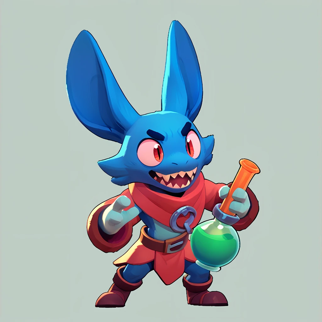 Full body view from a spherical monster, with blue fur, male, long ears, sharp teeth, who smiles, holding a green potion in his hand
