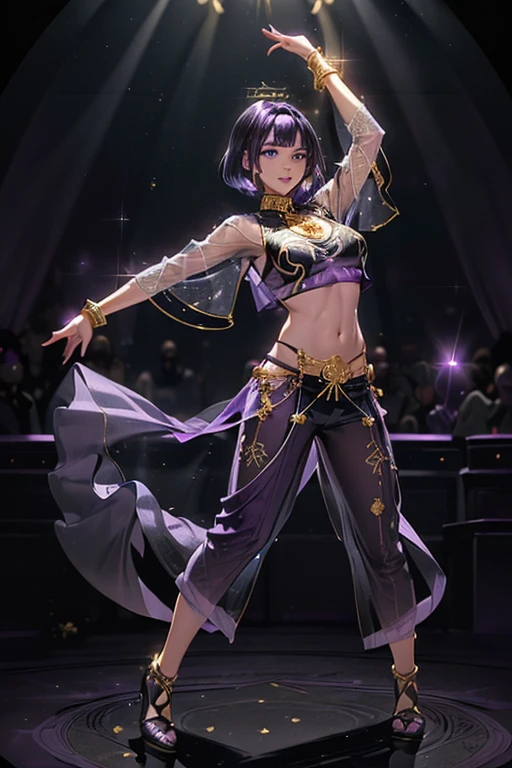 #Basics A girl is posing for a photo, animeのかわいい女の子, (((One Girl, Baby Face, Young girl, 16 years old))), 
break 

#Clothing Accessories 
(((Purple on black)Tribal style with gold ornament(thin, See-through harem pants)Dance Costumes:1.6) + thin black elbow gloves with plenty of gold embellishment + Black Long Veil + Black high heels with gold embellishments + Gold Tiara), ((gold fancy bracelet, Gold Hoop Earrings, Fancy Gold Necklace)), ((Black collar)), 
break 

#Features 
((Black Hair:1.4 (Bobcut:1.4)), 
(Droopy eyes,blue eyes), (Small breasts),  
break 

#background environment 
((Dance stage illuminated by spotlights:1.4)), 
#Facial Expression Pose
((Wicked Smile), (She performs a dynamic and captivating dance.)), 
#composition 
((To the camera, Angle from the front)), 
break 

#Body parts elements 
(Detailed Hair, Beautiful Hair, Shiny Hair), 
(double eyelid, Long eyelashes), 
(Expression of fine eyes, Beautiful and delicate eyes, Sparkling eyes, Eye Reflexes, Glitter Eyeliner), 
(Human Ear), 
(Beautiful Nose, Thin Nose), 
(Glossy Lips, Beautiful Lips, Thick lips, Glossy Lips, Natural Cheeks), 
(Detailed face, Symmetrical facial features), 
(Detailed skin, Textured skin, Beautiful Skin, Shiny skin), 
break 

#quality 
(((最高quality)), ((masterpiece)), ((Very detailed))), ((High resolution), (16K,1080P)), 
(Realistic), (Anatomically correct), 
((comics, anime)), (3DCG), CG illustration,
