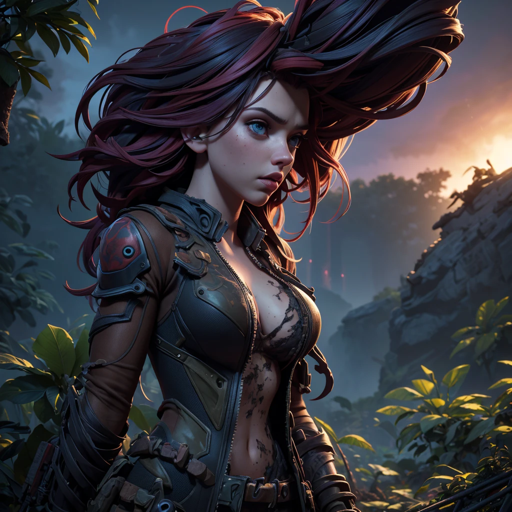 A beautiful young woman (Scarlett Johansson, age 25), dressed only in tattered cloth, dirty and battered, being stalked by menacing robot crabs across an alien jungle, horror, danger, peril, sci-fi, (best quality,4k,8k,highres,masterpiece:1.2),ultra-detailed,(realistic,photorealistic,photo-realistic:1.37),HDR,UHD,studio lighting,ultra-fine painting,sharp focus,physically-based rendering,extreme detail description,professional,vivid colors,bokeh,cinematic lighting,dramatic shadows,ominous atmosphere,intricate details,stunning scenery,lush vegetation,dense foliage,ominous skies,moody lighting