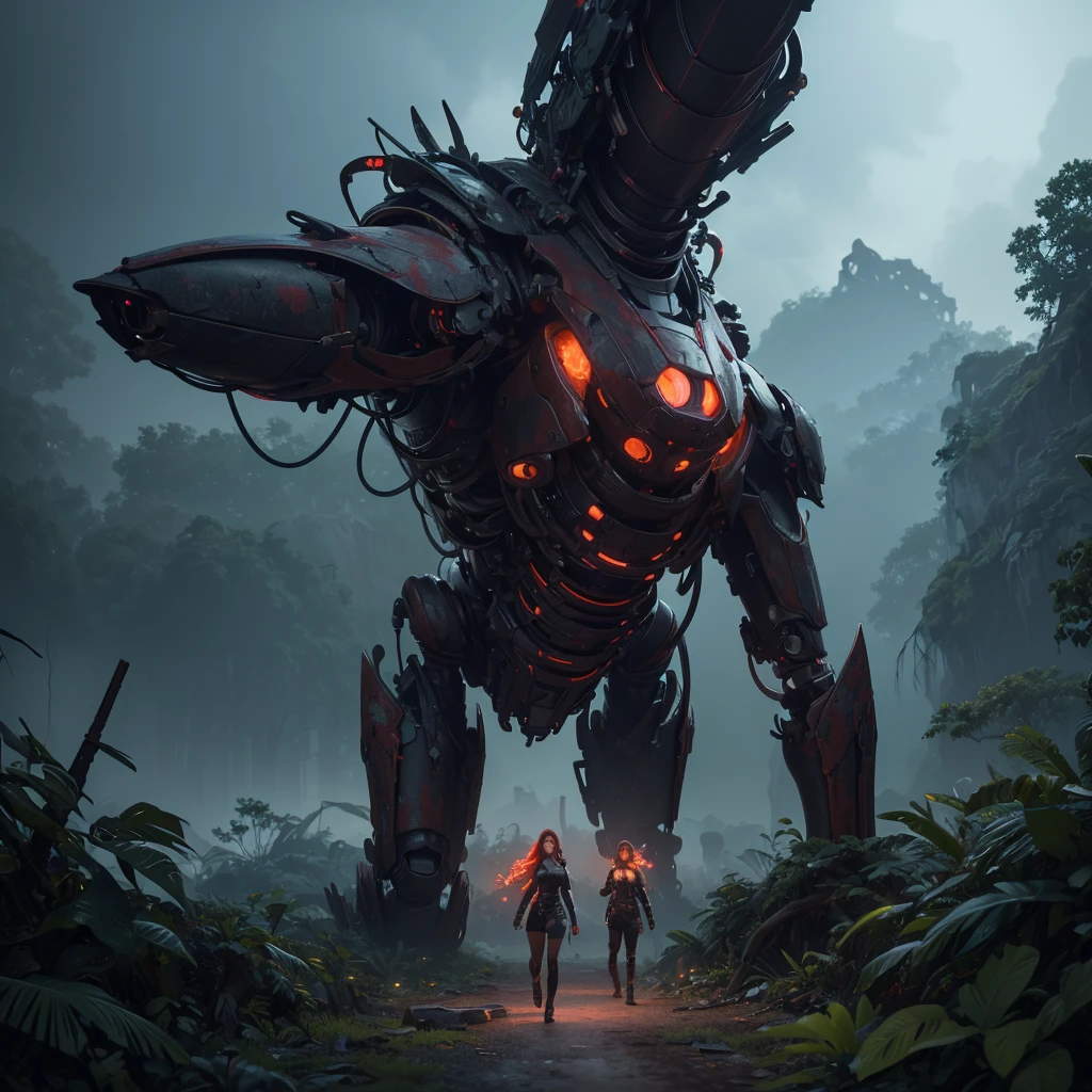 A beautiful young woman (Scarlett Johansson, age 25), dressed only in tattered cloth, dirty and battered, being stalked by menacing robot crabs across an alien jungle, horror, danger, peril, sci-fi, (best quality,4k,8k,highres,masterpiece:1.2),ultra-detailed,(realistic,photorealistic,photo-realistic:1.37),HDR,UHD,studio lighting,ultra-fine painting,sharp focus,physically-based rendering,extreme detail description,professional,vivid colors,bokeh,cinematic lighting,dramatic shadows,ominous atmosphere,intricate details,stunning scenery,lush vegetation,dense foliage,ominous skies,moody lighting