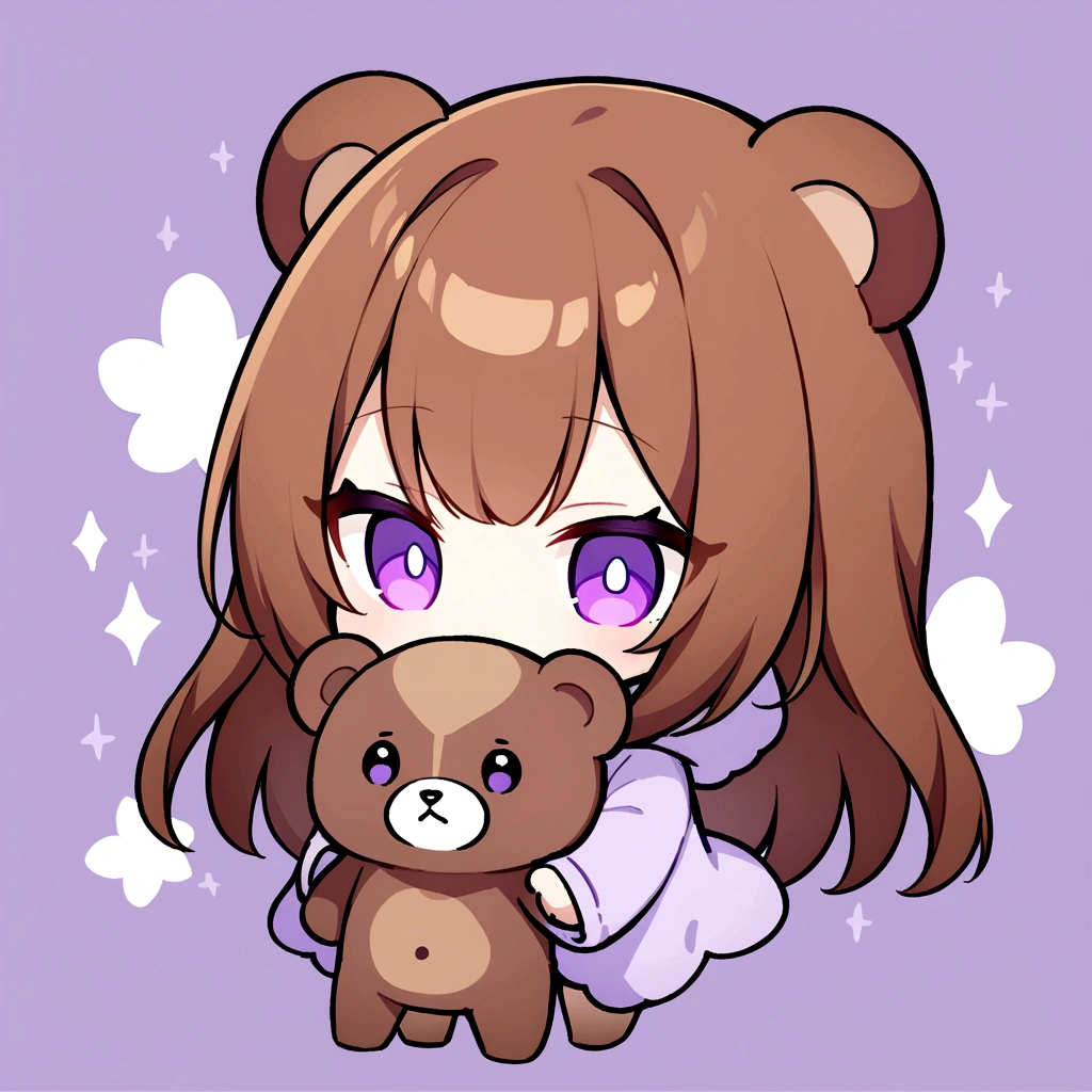 masterpiece, (Highest quality), ((Most detailed)), Brown Hair、Wearing a bear hood、whole body、Chibi Character、２Head to Body、Wearing a brown bear hoodie、Bear Ears、Purple Eyes、Purple solid background、Illustration icon、Brown long hair、Fluffy hoodie、Wave、Bear hooded blanket、whole bodyモコモコの服、Holding a stuffed bear