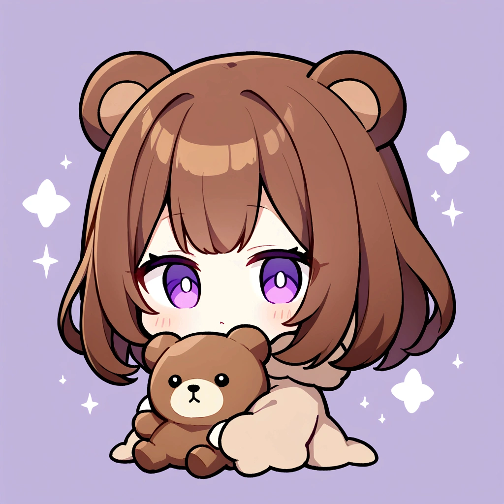 masterpiece, (Highest quality), ((Most detailed)), Brown Hair、Wearing a bear hood、whole body、Chibi Character、２Head to Body、Wearing a brown bear hoodie、Bear Ears、Purple Eyes、Purple solid background、Illustration icon、Brown long hair、Fluffy hoodie、Wave、Bear hooded blanket、whole bodyモコモコの服、Holding a stuffed bear