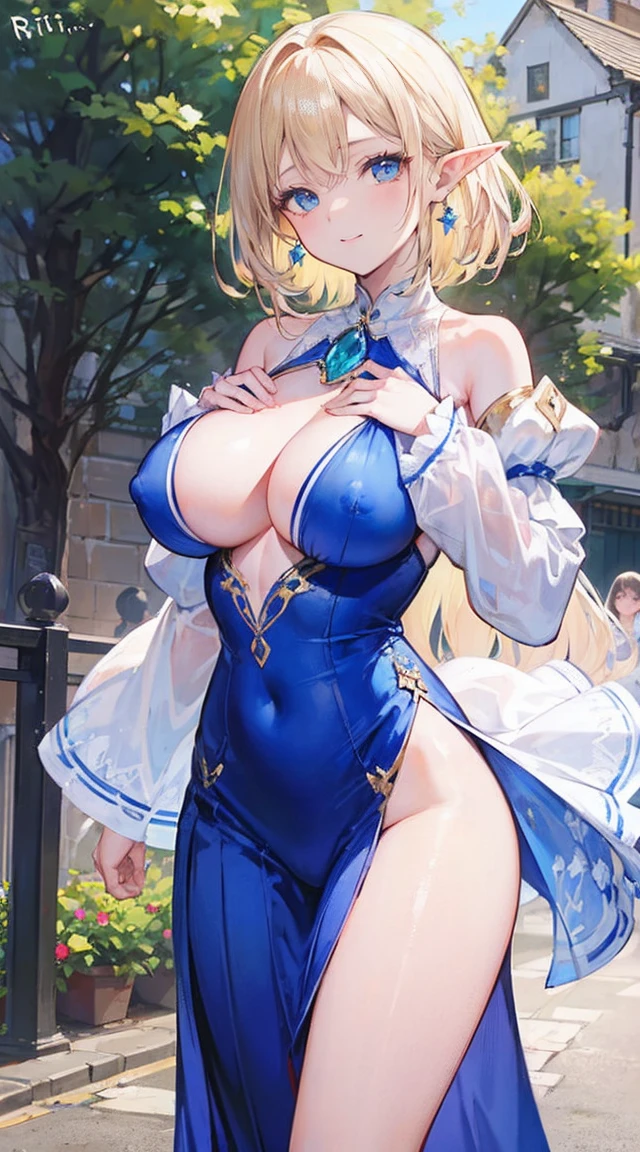 beautiful woman,folk girl,blonde with blue eyes,(elegant white dress:1.1), luxury clothes, Elegant Dreslue, (Open shoulder dress:1.1), bare shoulders, scalping, (blue dress:1.1), (white puffy sleeves, long sleeve, juliet sleeves:1.1), sexy long dress, rift, comprehensive , (ballroom set:1.3), (Pleated dress:1.3), (decorations:1.15), shirt collar, Gorket, Gold-Trim, royal regalia, knight, Art style by Artgerm, โดย วาดิม คาชินcountryside,countryside,beautiful scenery,European Middle Ages,Smile until all your teeth are gone.,forehead,forehead exposed,very big breasts,ear nipple ring,side waist slit,tight,((side chest)),trousersชั้นในลูกไม้,trousers,((big tits)),(pubic bone),(Hold your hands on your chest...),(Elf Princess), rift, visible chest, Show your breasts, open chest, I see bulging nipples,,(((large areolae:1.4,pink,The nipples are clearly visible.....))),Navel drive,dance,dance, (((2 young women ,beautiful woman))),Revealing the skin, ((pussy,bare female genitals))