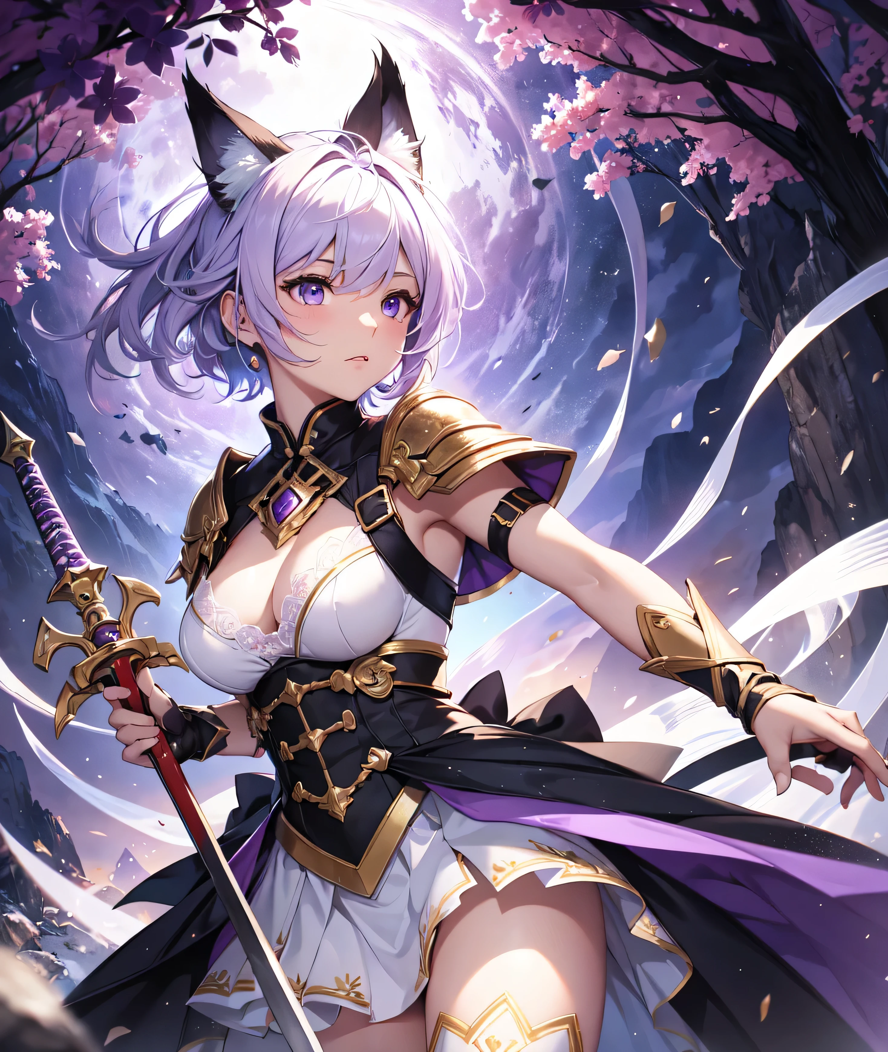 beautiful and delicate girl, clear and beautiful, Make your character the main point of view, glowing skin, female, 20 years old, Short hair, shortcut, Short hair, Beautiful and delicate glass hair, 칼을 휘두르는 female warrior 포즈, 크고 colorful swords, weapon, Attack moves to defeat enemies, full body pose, two handed sword, big knife, colorful swords ((greek costume, 2 Costume colors, white background, purple 패턴)) ((Clothes color White background, purple 패턴)) ((Double color, White, purple)) ((Use only two colors of clothing, White, purple))beautiful and delicate eyes, purple 눈, moderate chest, real skin texture, Very nice 8KCG wallpaper, Very cool 8K CG wallpaper, Watercolor (middle), female warrior, light orange hair, (((upper body cut))), (((Cat's ears dark purple))), (((dark, dark 밤, midnight))) (((nature background, mountain, wood))), ((outdoors)) Dynamic fighting stance with a sword, I can see my whole body, angle seen from a distance, Zoom out, 신foot, foot,