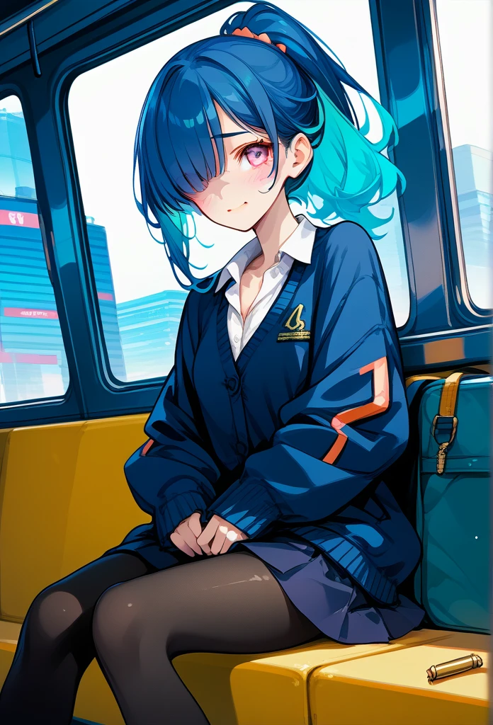 mature woman, mature face, pink eyes, shy expression, shy face, nervous smile, glossy lips, ponytail hair, (blue hair color, pink gradient hair color, azure color hair), bangs covering left eye, left blinding bangs hairstyle, mature body, small breasts, dark blue cardigan, short skirt, navy color skirt, pantyhose, sitting in train, bullet train, tokyo through windows, windows behind