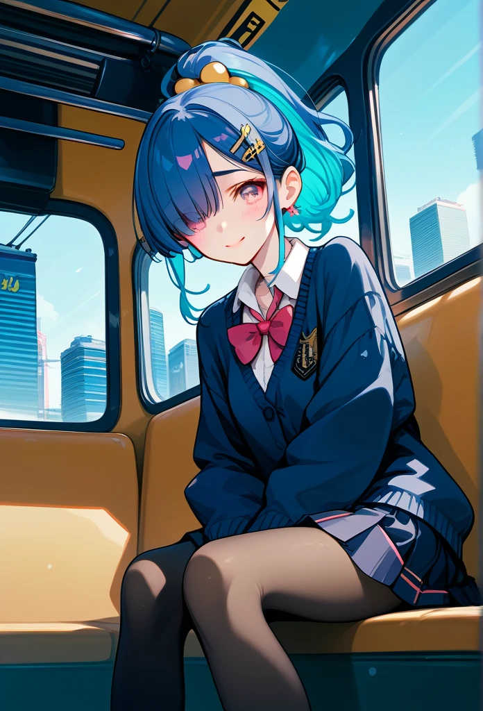 mature woman, mature face, pink eyes, shy expression, shy face, nervous smile, glossy lips, ponytail hair, (blue hair color, pink gradient hair color, azure color hair), bangs covering left eye, left blinding bangs hairstyle, mature body, small breasts, dark blue cardigan, short skirt, navy color skirt, pantyhose, sitting in train, bullet train, tokyo through windows, windows behind