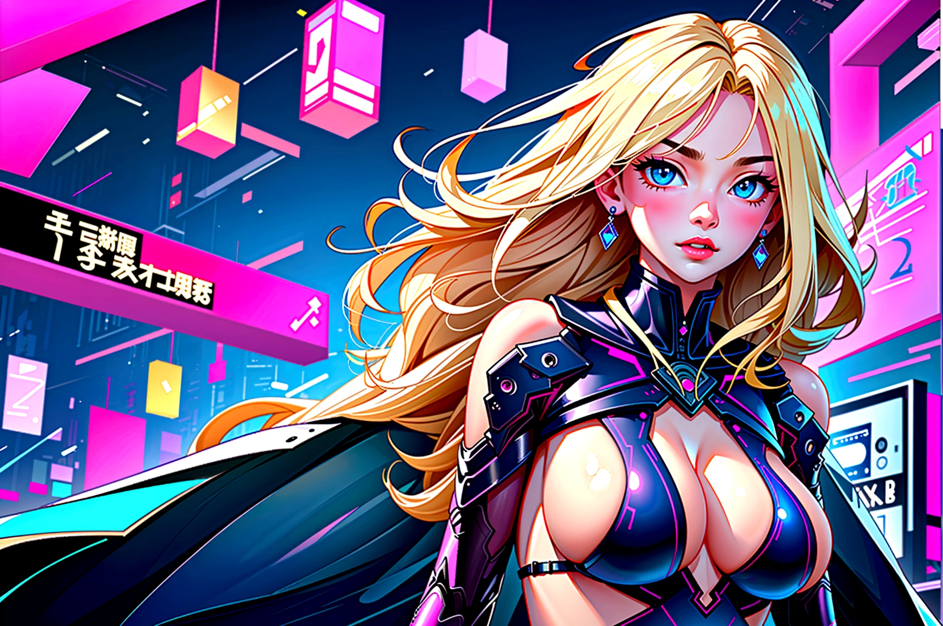Midnight、Beautiful woman with long blonde hair、超Big Breasts、Action Shots、Open chest、Big Breasts、Futuristic city with colorful neon lights