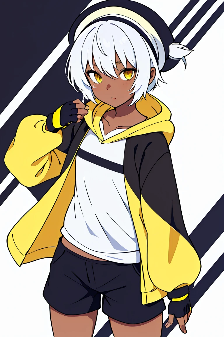 tsunako, 1girl, tomboy, hat, pixie cut, dark skin female, flat chest, shirt, open hoodie, shorts, fingerless gloves, white hair, yellow eyes