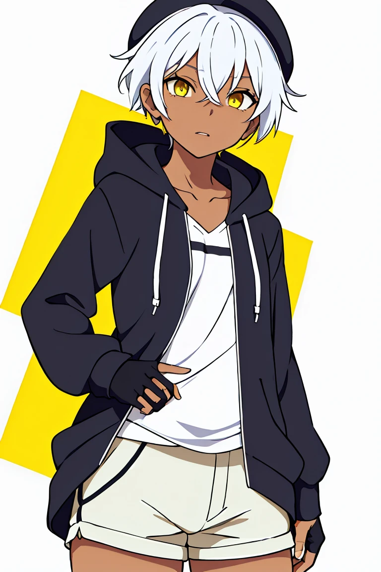 tsunako, 1girl, tomboy, hat, pixie cut, dark skin female, flat chest, shirt, open hoodie, shorts, fingerless gloves, white hair, yellow eyes