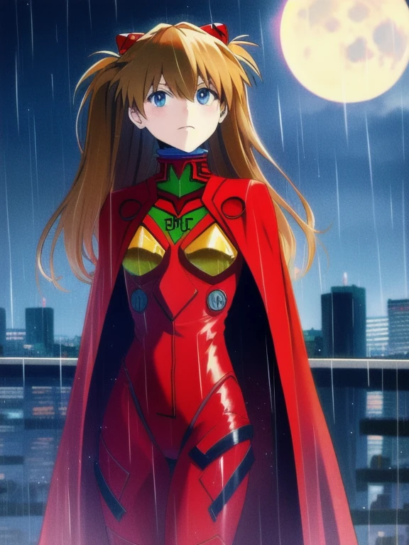 Asuka Langley ,masterpiece, best quality,,city,cyperpunk,night,rain,moon, cloak, cape