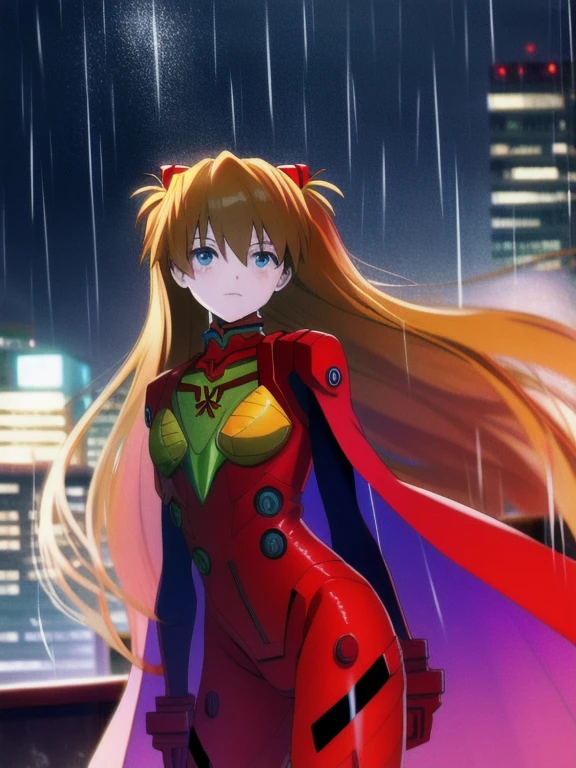 Asuka Langley ,masterpiece, best quality,,city,cyperpunk,night,rain,moon, cloak, cape