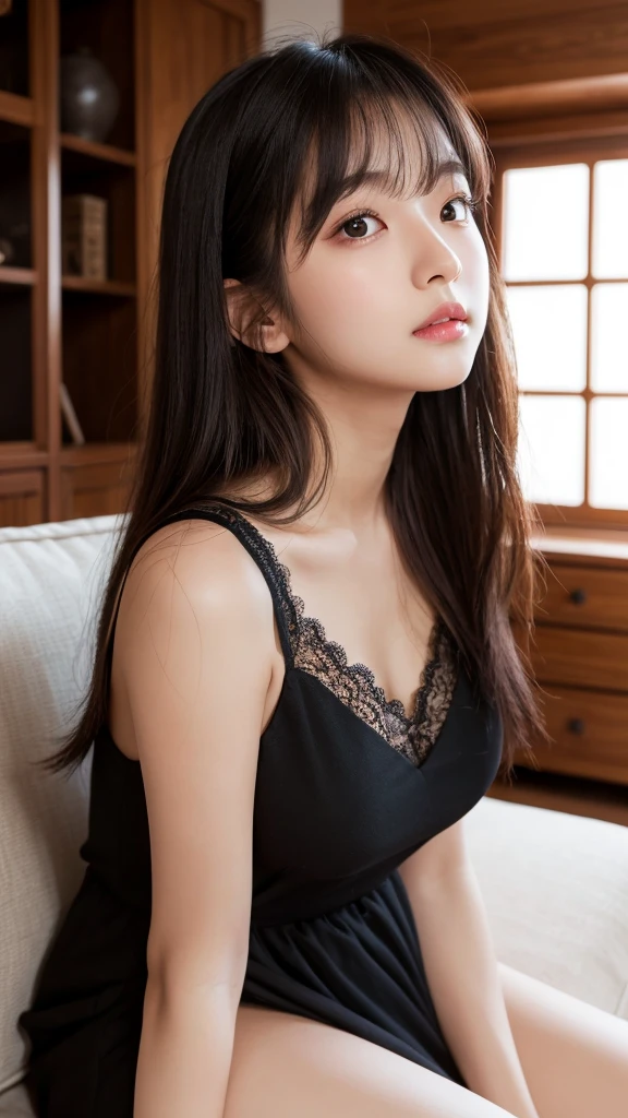 masterpiece, best quality, high quality, a girl, japanese idol, 20-year-old, small round face, , natural makeup, light blush, subtle pink lipstick, black semi-long straight hair, soft waves, tiny build, fair skin, huge breasts, wearing a slightly revealing black dress, lace details, soft and alluring expression, sitting on a couch, inside a softly lit living room, warm evening light, camera angle from a slight side view, elegant, stylish