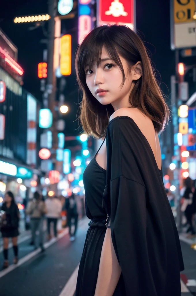 One girl, Tokyo Street,night, Cityscape,City lights, Upper Body,close, 8k, RAW Photos, Highest quality, masterpiece,Realistic, photo-Realistic,