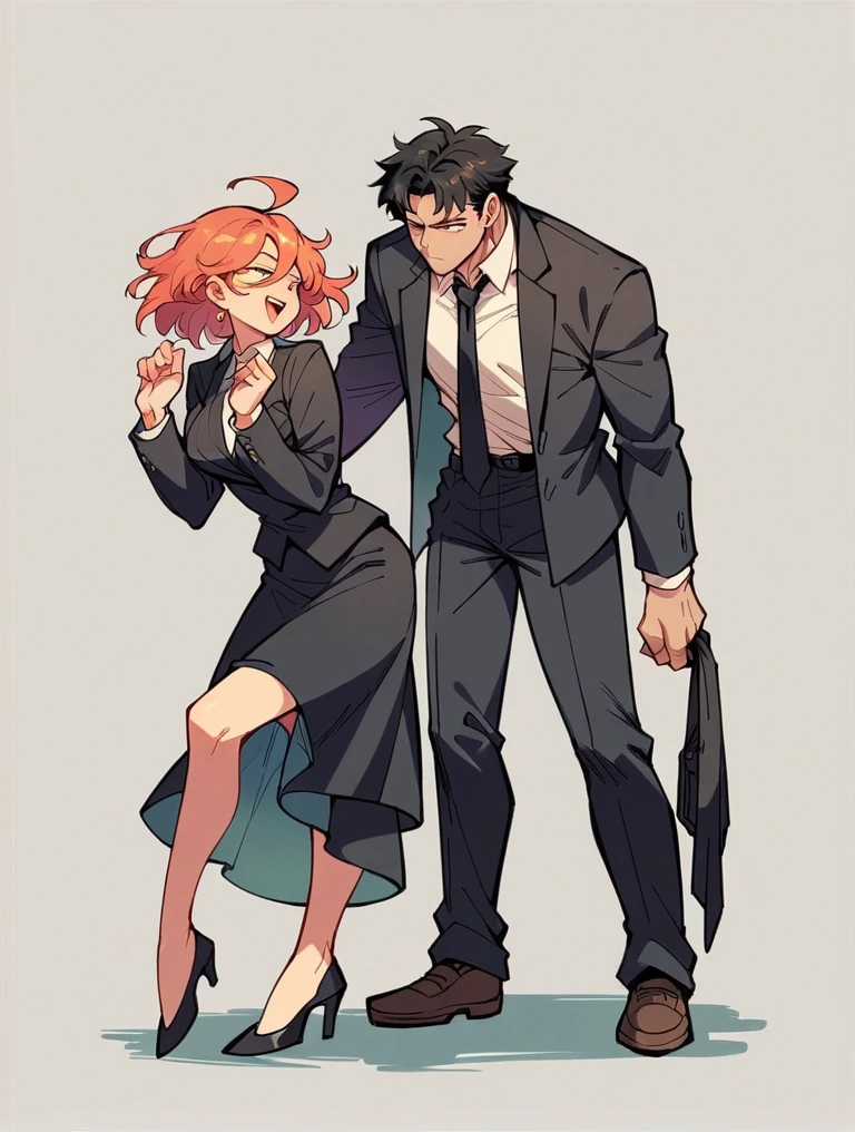A woman wearing a black suit and tie kicks a man in the face