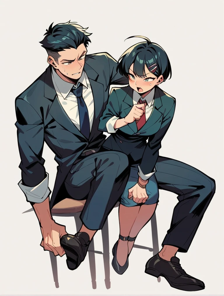 50-year-old middle-aged Chris Redfield from Resident Evil 8，cold face, Chris Redfield like a gentleman, Man，grampa，Height 195，chineseidol，sitting in the couch，kissing each, God perspective，The eyes are about to face each other，musculature，Lift one foot，Wearing a black and white striped suit，black greatcoat，No shoes，Cord，Chains，Ferocious and ferocious，The background is outdoors，Hold your hands on your knees, black suit socks, colored image