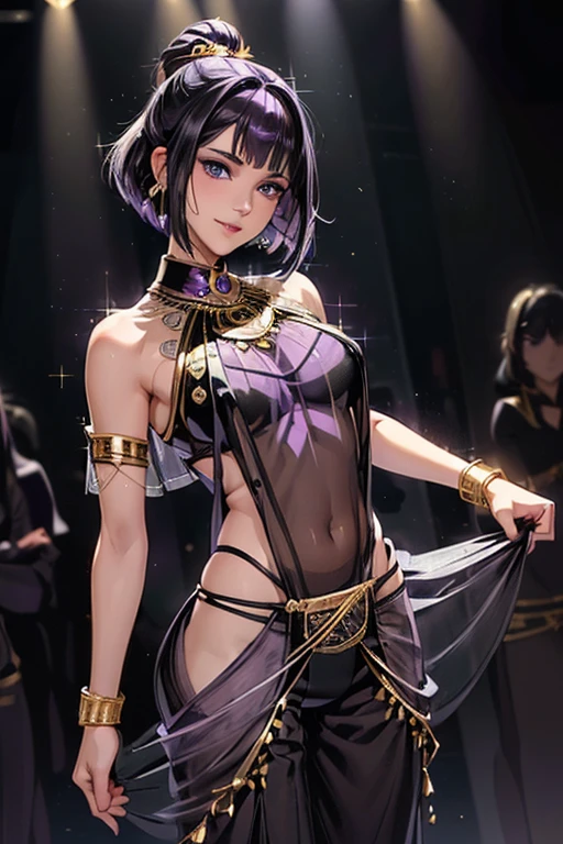 #Basics A girl is posing for a photo, animeのかわいい女の子, (((One Girl, , Young girs old))), 
bhing Accessories 
(((Purple on black)Tribal style with gold ornament(thin, See-through harem pants)Dance Costumes:1.6) + thin black elbow gloves with plenty of gold embellishment + Black Long Veil + Black high heels with gold embellishments + Gold Tiara), ((gold fancy bracelet, Gold Hoop Earrings, Fancy Gold Necklace)), ((Black collar)), 
break 

#Features 
((Black Hair:1.4 (Bobcut:1.4)), 
(Droopy eyes,blue eyes), (Small breasts),  
break 

#background environment 
((Dance stage illuminated by spotlights:1.4)), 
#Facial Expression Pose
((Wicked Smile), (She performs a dynamic and captivating dance.)), 
#composition 
((To the camera, Angle from the front, Upper Body)), 
break 

#Body parts elements 
(Detailed Hair, Beautiful Hair, Shiny Hair), 
(double eyelid, Long eyelashes), 
(Expression of fine eyes, Beautiful and delicate eyes, Sparkling eyes, Eye Reflexes, Glitter Eyeliner), 
(Human Ear), 
(Beautiful Nose, Thin Nose), 
(Glossy Lips, Beautiful Lips, Thick lips, Glossy Lips, Natural Cheeks), 
(Detailed face, Symmetrical facial features), 
(Detailed skin, Textured skin, Beautiful Skin, Shiny skin), 
break 

#quality 
(((最高quality)), ((masterpiece)), ((Very detailed))), ((High resolution), (16K,1080P)), 
(Realistic), (Anatomically correct), 
((comics, anime)), (3DCG), CG illustration,
